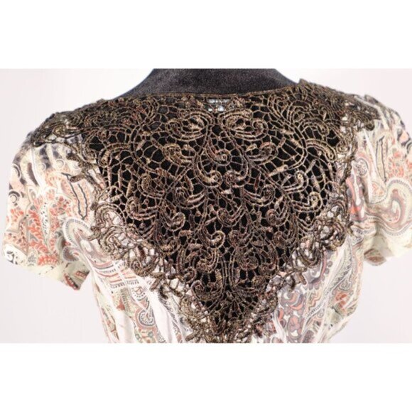Apt. 9 Petite PM Boho Paisley Lace Back Blouse with Beaded V-Neckline‎ & Elastic - Picture 6 of 12